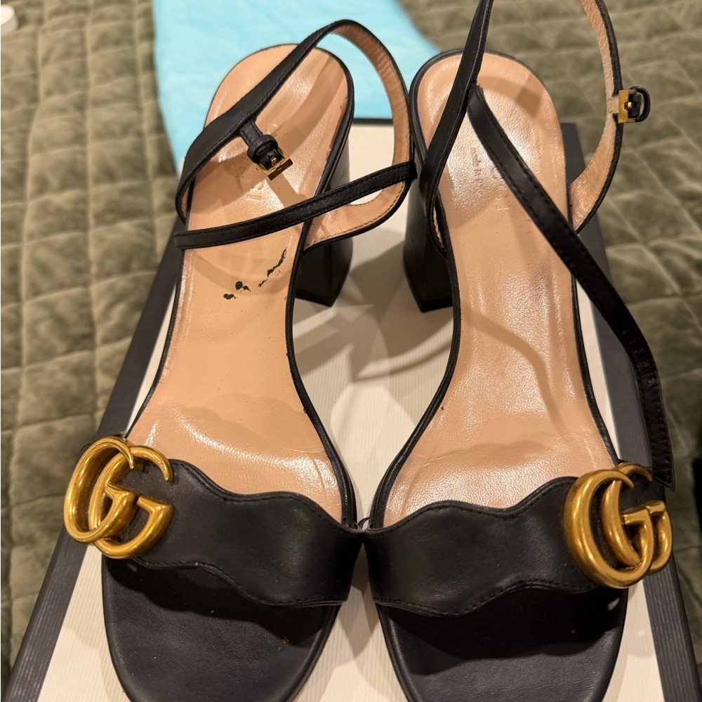 Gucci Black and Gold Heeled Sandals